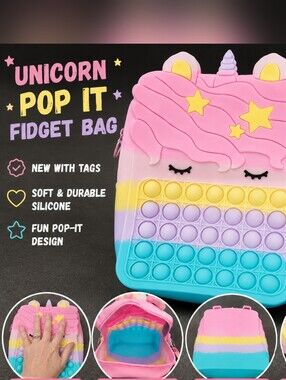 Unicorn Pop It Fidget Purse Pastel Rainbow Silicone Kids Crossbody Bag